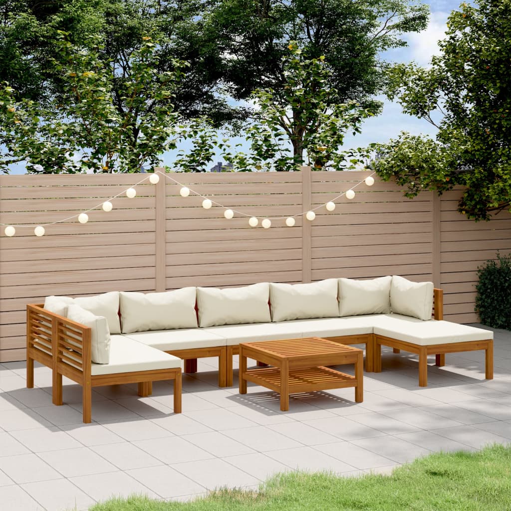 8-Delige Loungeset Met Kleurige Kussens Massief Acaciahout Crème 2x hoek + 4x midden + voetensteun + Tafel