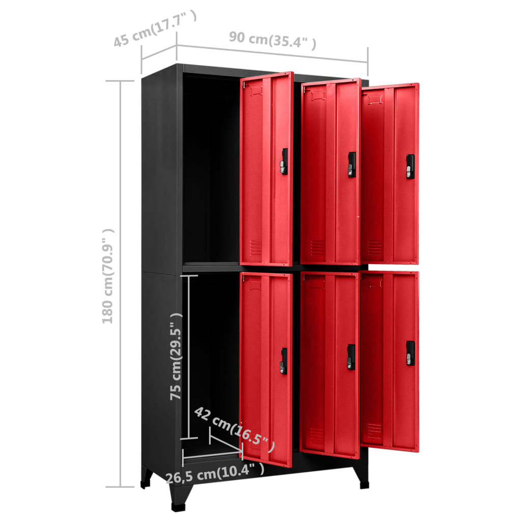 Lockerkast 90x45x180 cm staal antracietkleurig en rood Antraciet en rood Met 6 lockers