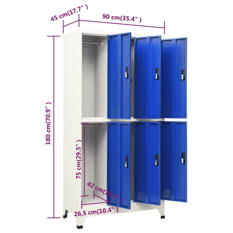 Lockerkast 90x45x180 cm staal grijs en blauw Grijs en blauw Met 6 lockers