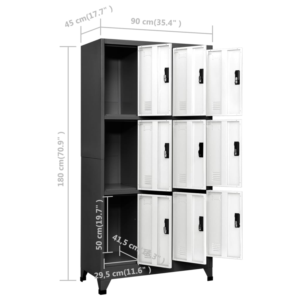 Lockerkast 90x45x180 cm staal antracietkleurig en wit Antraciet en wit Met 9 lockers