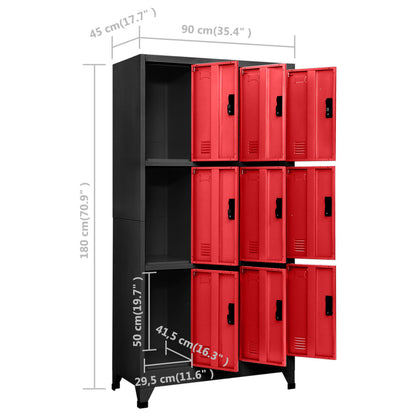 Lockerkast 90x45x180 cm staal antracietkleurig en rood Antraciet en rood Met 9 lockers