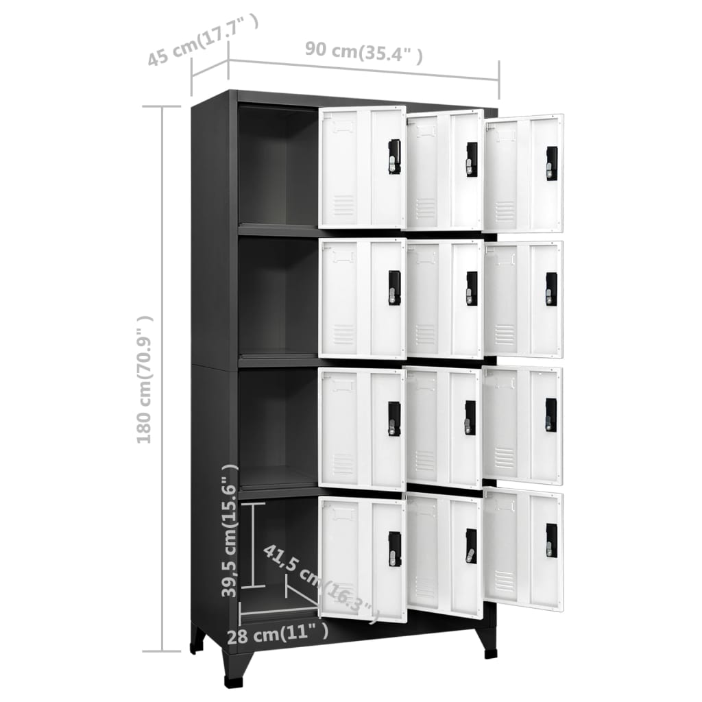 Lockerkast 90x45x180 cm staal antracietkleurig en wit Antraciet en wit Met 12 lockers