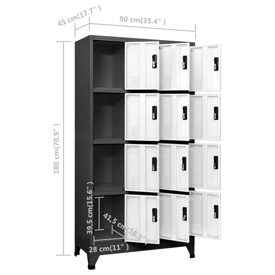 Lockerkast 90x45x180 cm staal antracietkleurig en wit Antraciet en wit Met 12 lockers