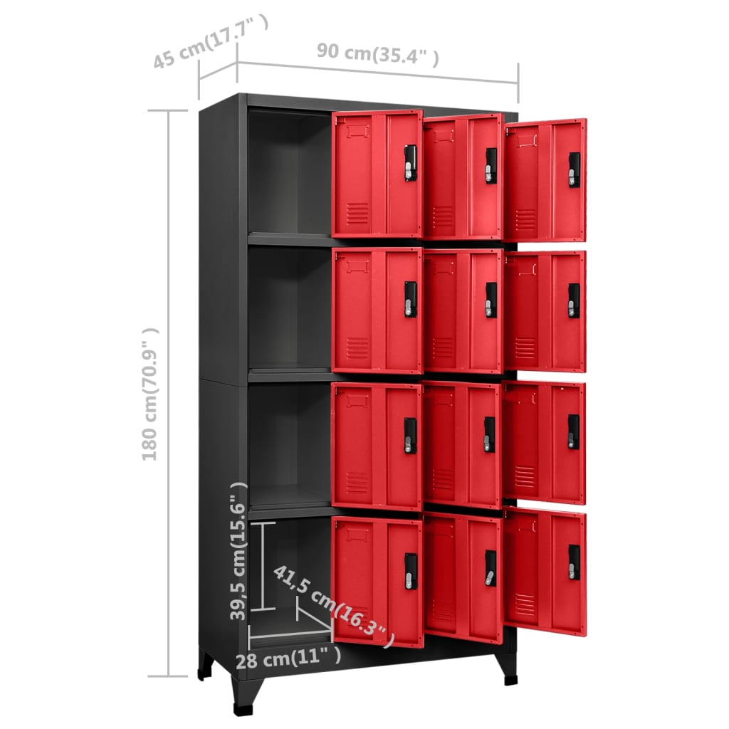 Lockerkast 90x45x180 cm staal antracietkleurig en rood Antraciet en rood Met 12 lockers