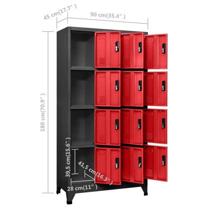 Lockerkast 90x45x180 cm staal antracietkleurig en rood Antraciet en rood Met 12 lockers