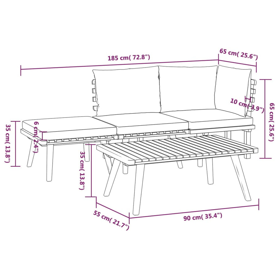 4-Delige Loungeset Met Kussens Massief Acaciahout hoek + midden + voetensteun + Tafel