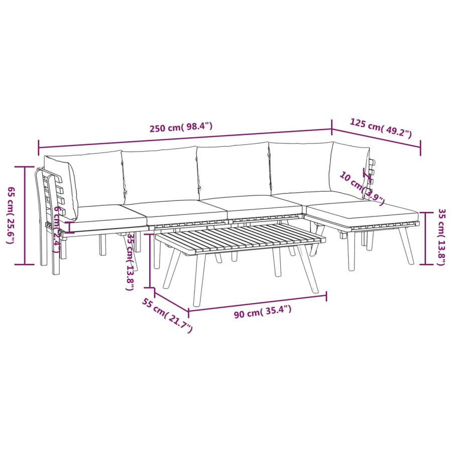 6-Delige Loungeset Met Kussens Massief Acaciahout 2x hoek + 2x midden + voetensteun + Tafel