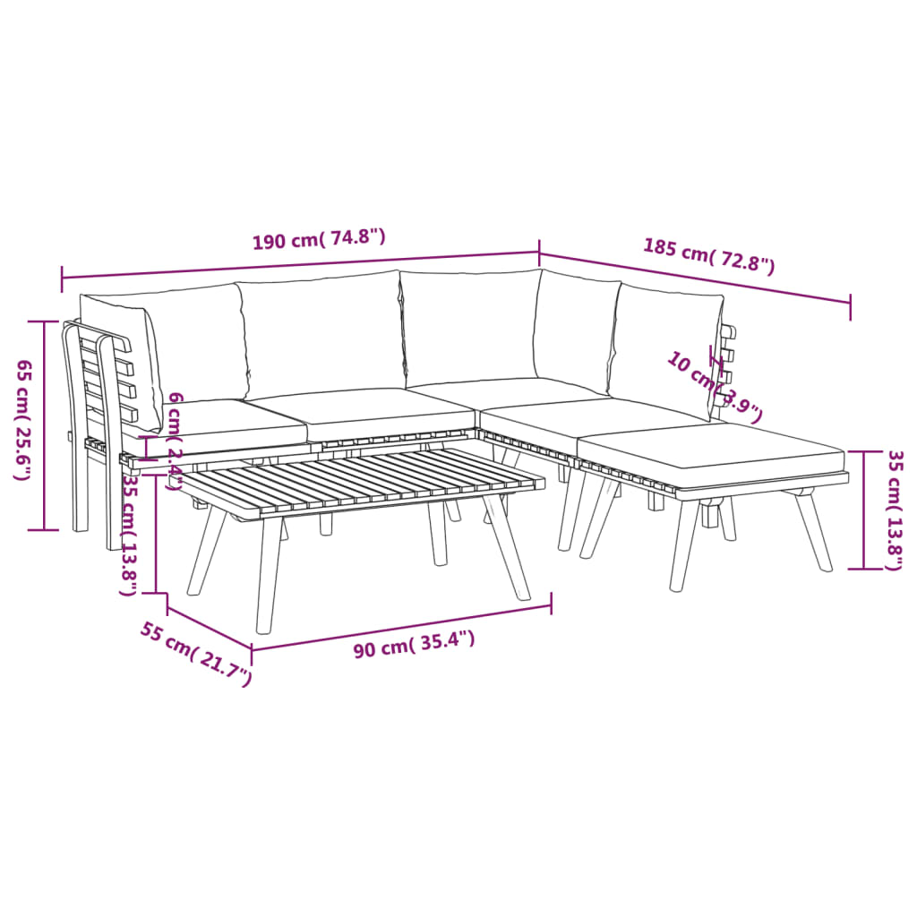 6-Delige Loungeset Met Kussens Massief Acaciahout 2x midden + 2x hoek + voetensteun + Tafel