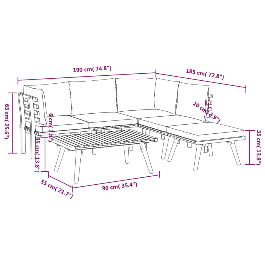 6-Delige Loungeset Met Kussens Massief Acaciahout 2x midden + 2x hoek + voetensteun + Tafel