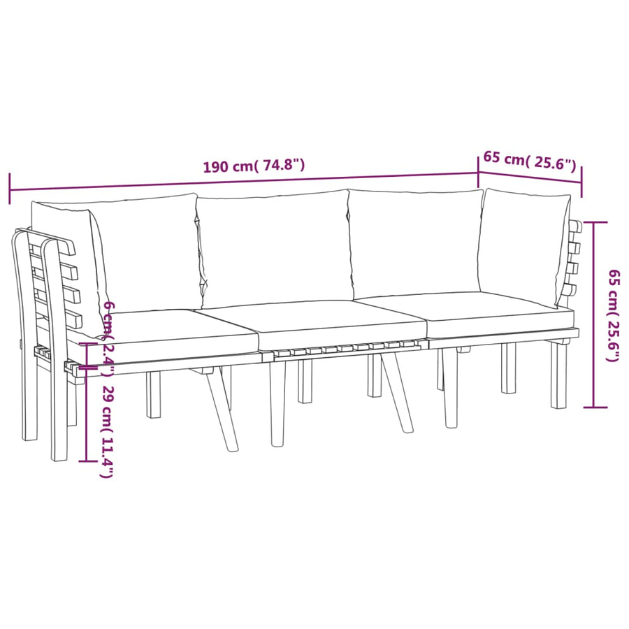 3-Delige Loungeset Met Kussens Massief Acaciahout 2x hoek + midden