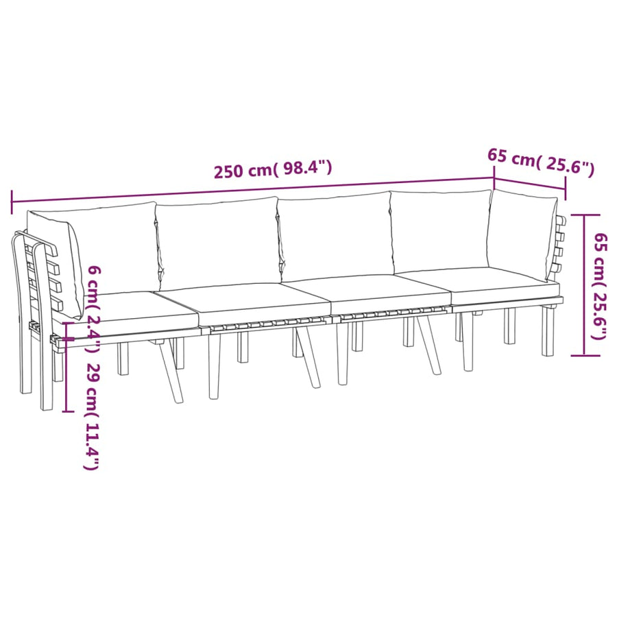 4-Delige Loungeset Met Kussens Massief Acaciahout 2x hoek + 2x midden