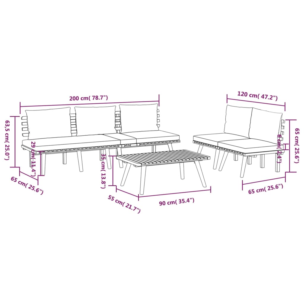 4-Delige Loungeset Met Kussens Massief Acaciahout Driezitsbank + 2x midden + Tafel