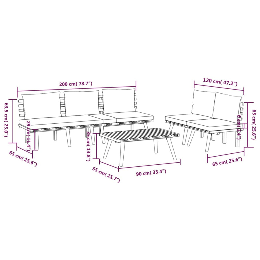4-Delige Loungeset Met Kussens Massief Acaciahout Driezitsbank + 2x midden + Tafel