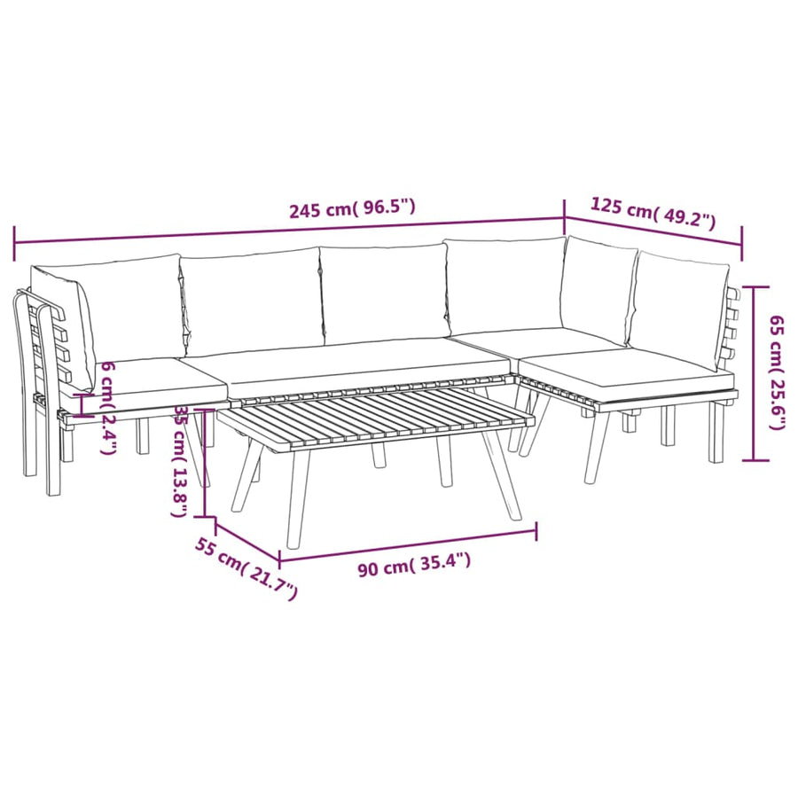 5-Delige Loungeset Met Kussens Massief Acaciahout 2x hoek + midden + Bank + Tafel