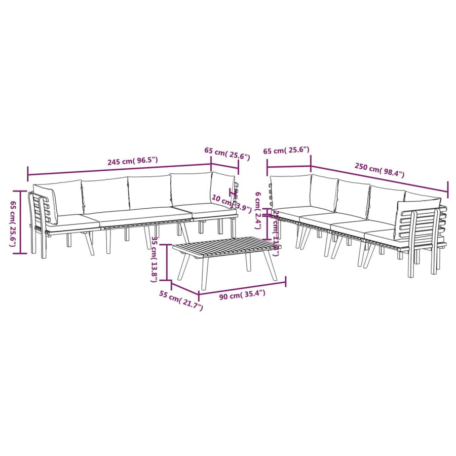 8-Delige Loungeset Met Kussens Massief Acaciahout 4x hoek + 2x midden + Bank + Tafel