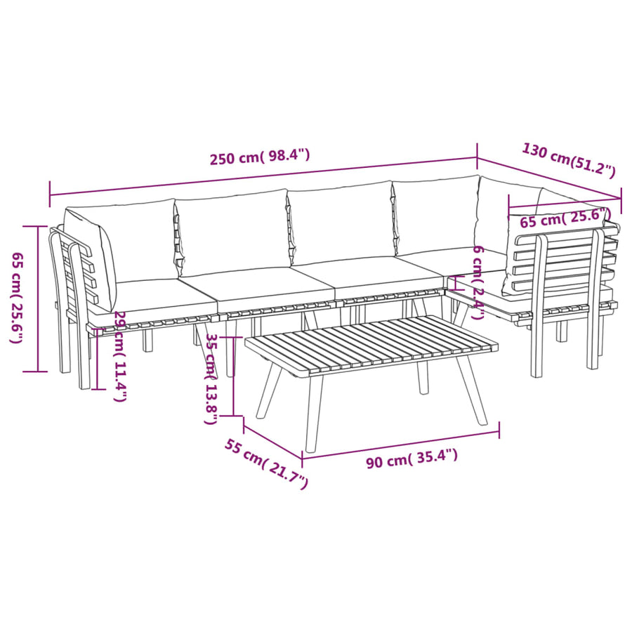 6-Delige Loungeset Met Kussens Massief Acaciahout 3x hoek + 2x midden + Tafel