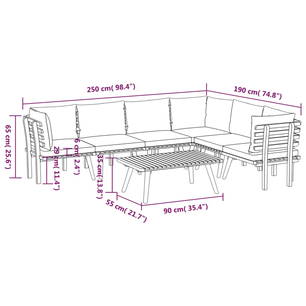 7-Delige Loungeset Met Kussens Massief Acaciahout 3x hoek + 3x midden + Tafel