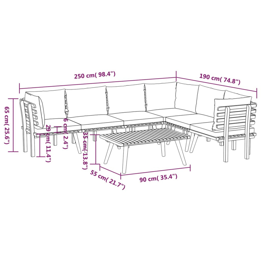 7-Delige Loungeset Met Kussens Massief Acaciahout 3x hoek + 3x midden + Tafel