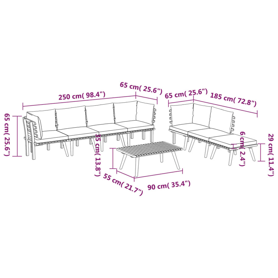 8-Delige Loungeset Met Kussens Massief Acaciahout 3x hoek + 3x midden + voetensteun + Tafel