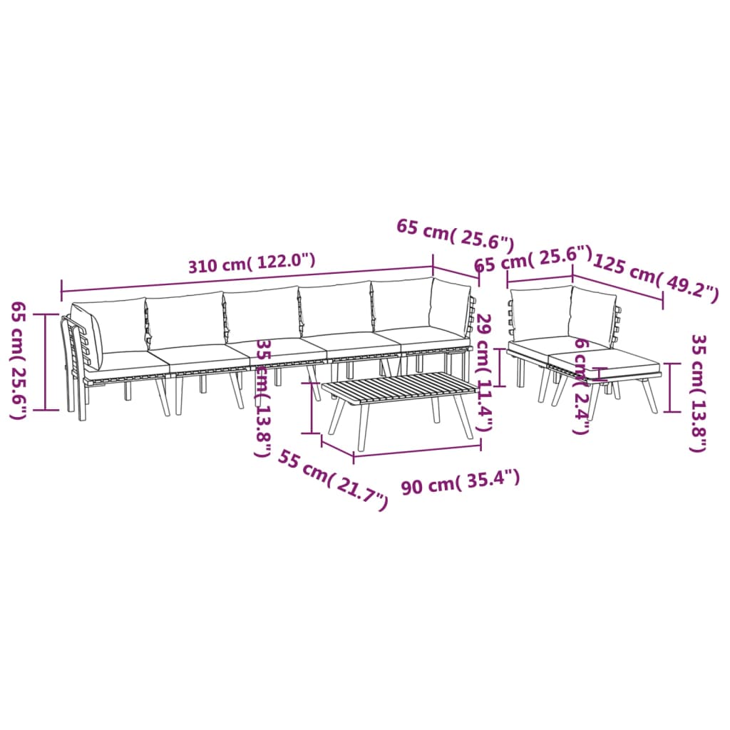 8-Delige Loungeset Met Kussens Massief Acaciahout 3x midden + 3x hoek + voetensteun + Tafel