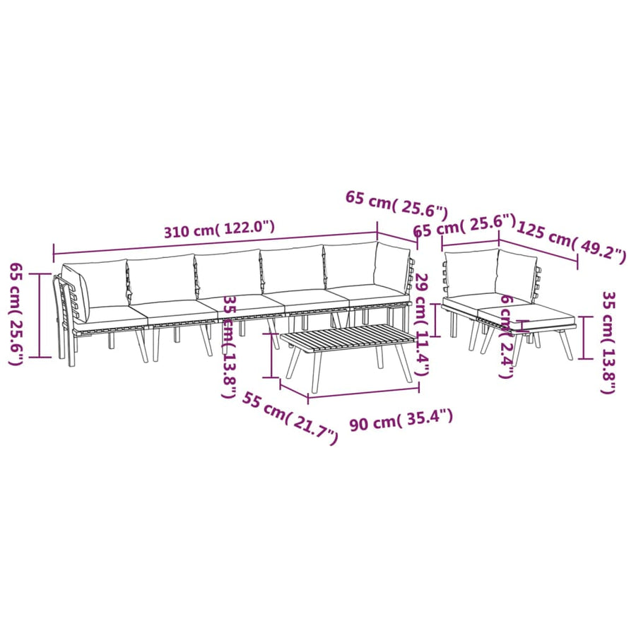 8-Delige Loungeset Met Kussens Massief Acaciahout 3x midden + 3x hoek + voetensteun + Tafel