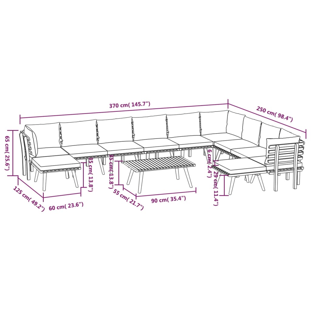 2-Delige Loungeset Met Kussens Massief Acaciahout 3x hoek + 6x midden + 2x voetensteun + Tafel