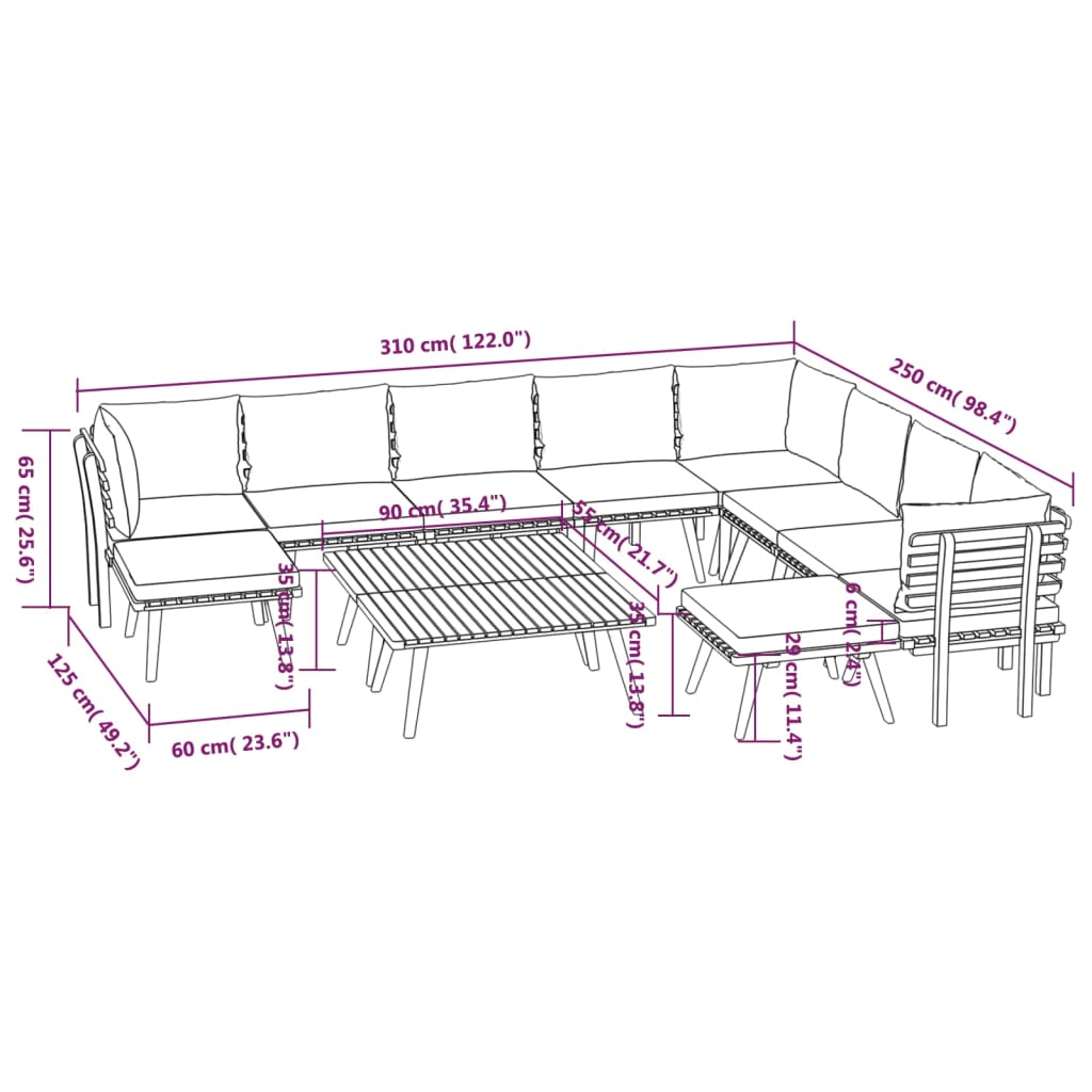 2-Delige Loungeset Met Kussens Massief Acaciahout 3x hoek + 5x midden + 2x voetensteun + 2x Tafel