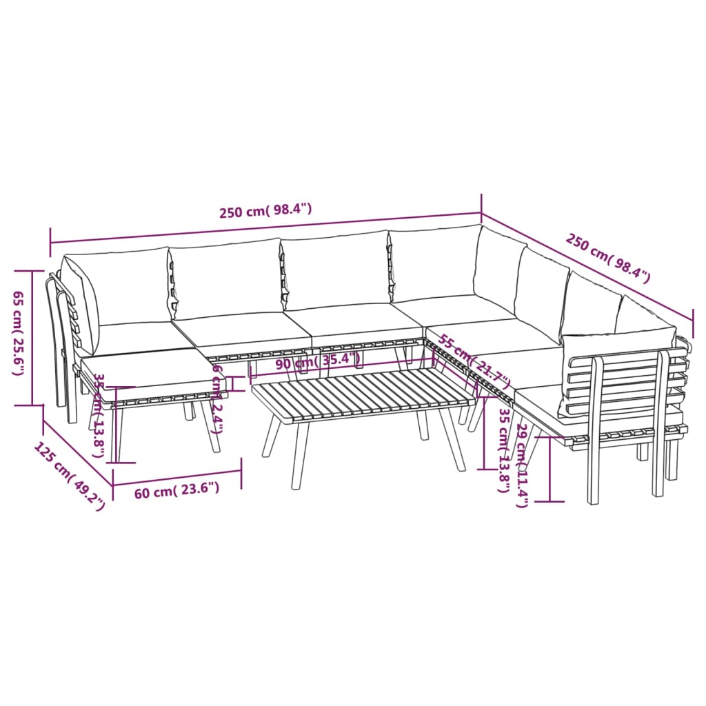 9-Delige Loungeset Met Kussens Massief Acaciahout 3x hoek + 4x midden + voetensteun + Tafel