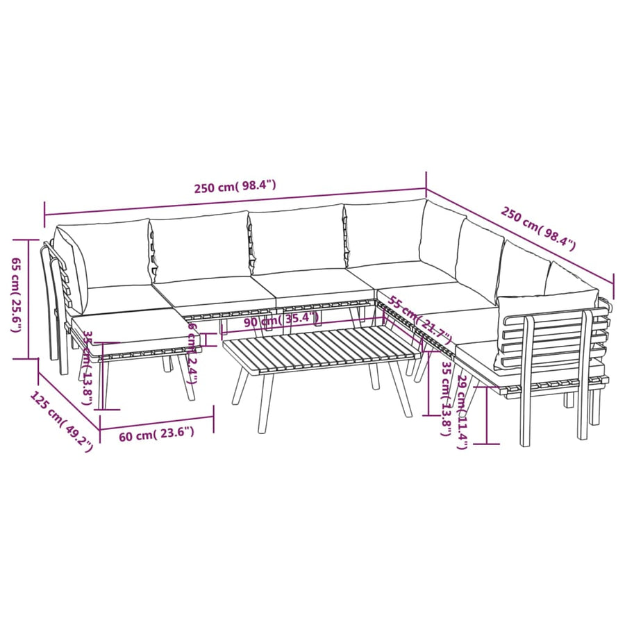 9-Delige Loungeset Met Kussens Massief Acaciahout 3x hoek + 4x midden + voetensteun + Tafel