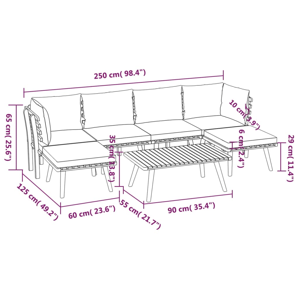 7-Delige Loungeset Met Kussens Massief Acaciahout 2x hoek + 2x midden + 2x voetensteun + Tafel