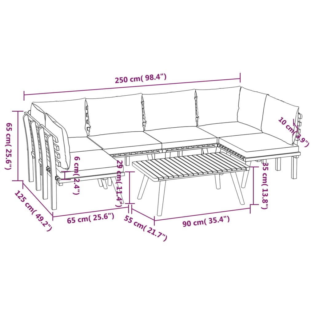 7-Delige Loungeset Met Kussens Massief Acaciahout 2x hoek + 4x midden + Tafel
