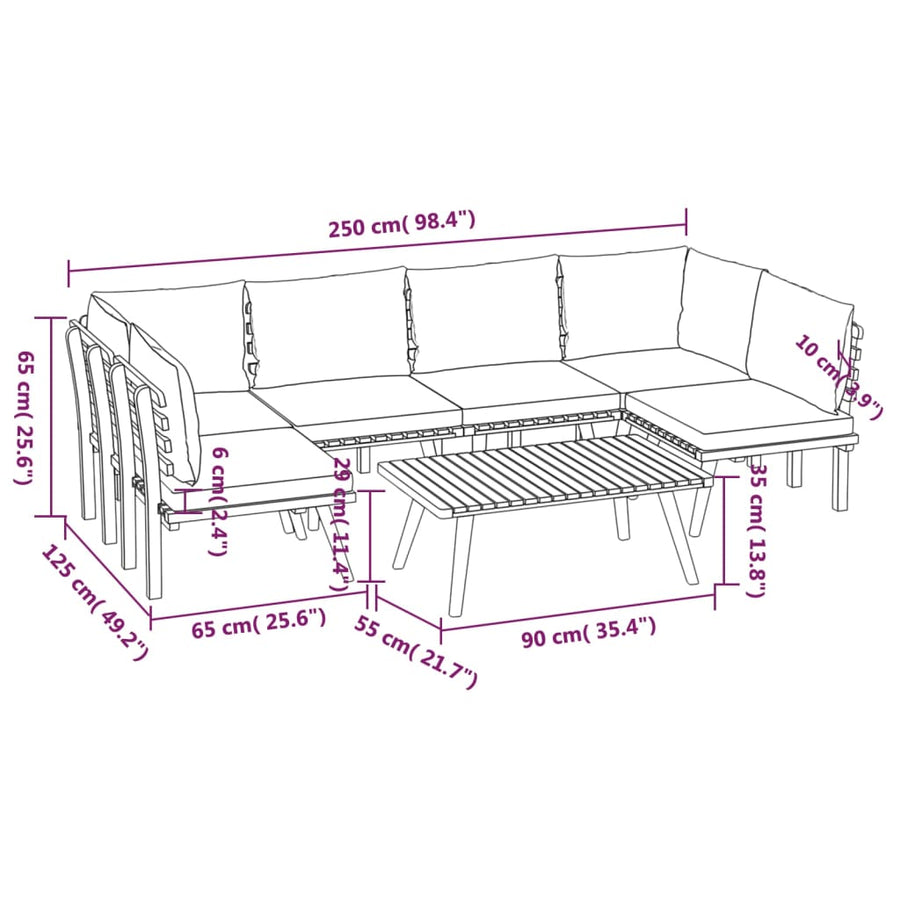 7-Delige Loungeset Met Kussens Massief Acaciahout 2x hoek + 4x midden + Tafel