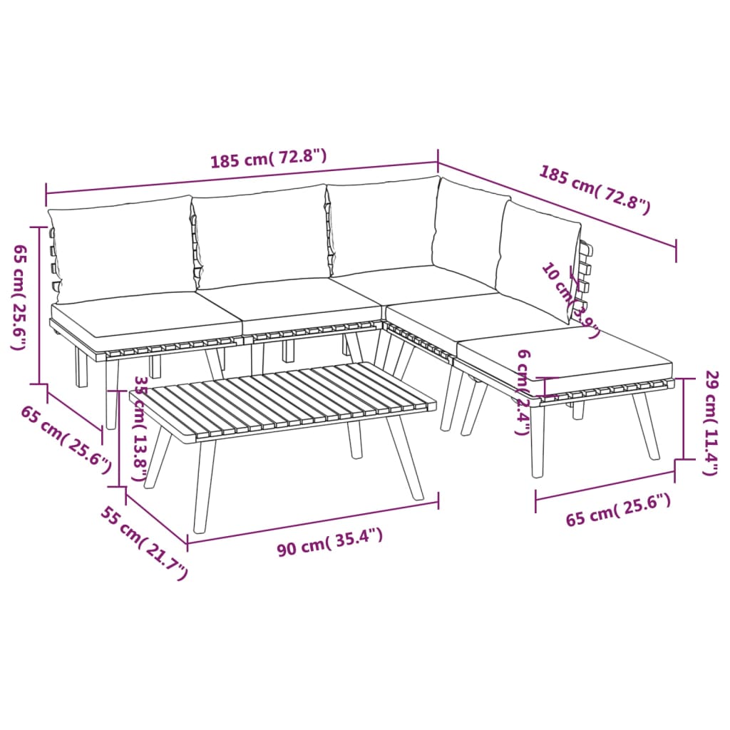 6-Delige Loungeset Met Kussens Massief Acaciahout hoek + 3x midden + voetensteun + Tafel