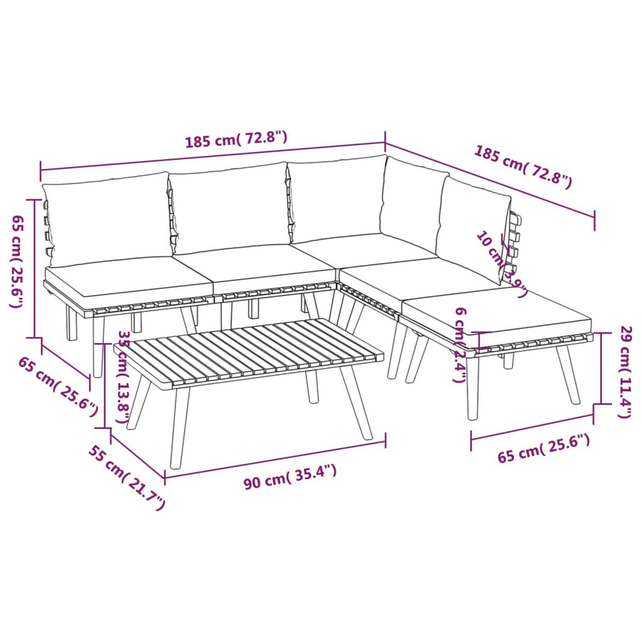 6-Delige Loungeset Met Kussens Massief Acaciahout hoek + 3x midden + voetensteun + Tafel