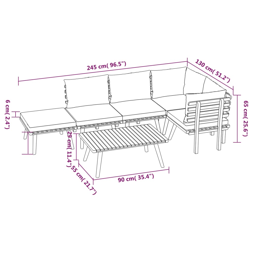 6-Delige Loungeset Met Kussens Massief Acaciahout Tafel + 2x hoek + 2x midden + voetensteun