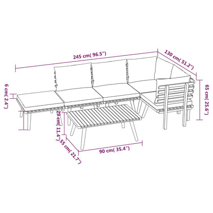6-Delige Loungeset Met Kussens Massief Acaciahout Tafel + 2x hoek + 2x midden + voetensteun