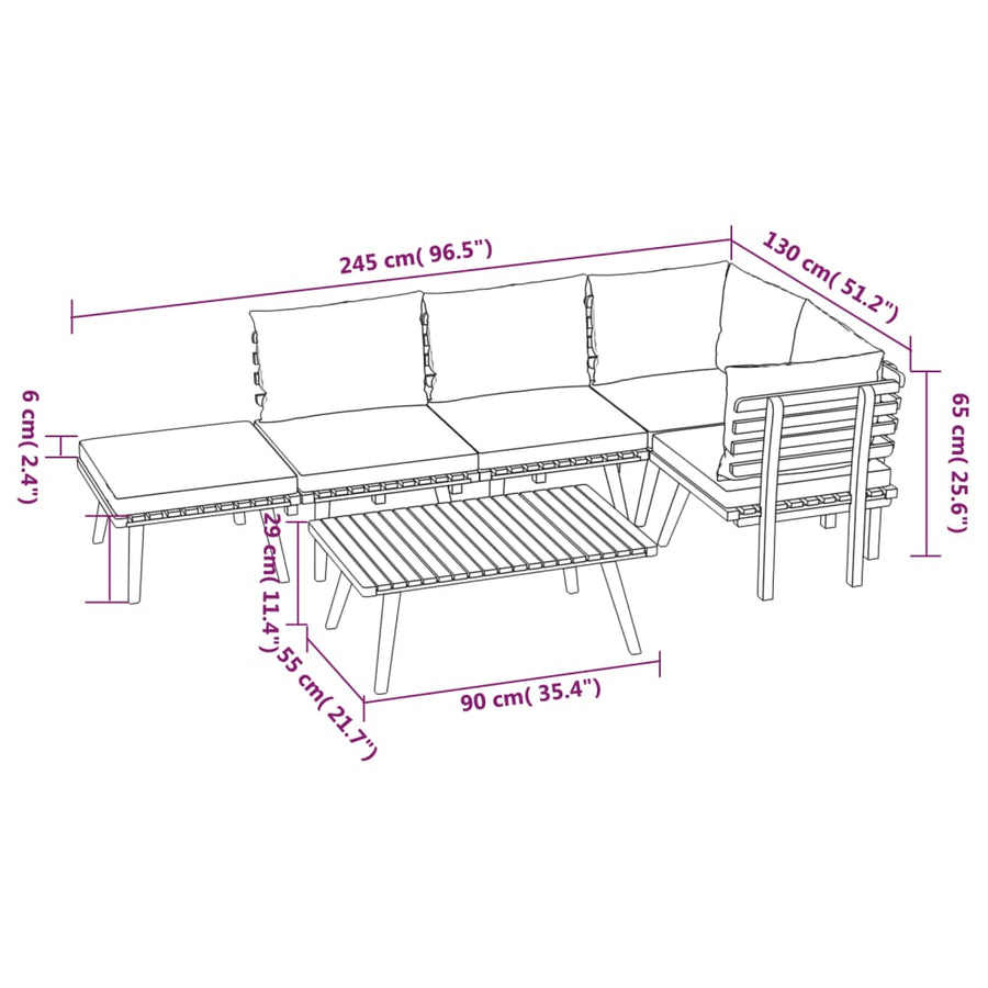 6-Delige Loungeset Met Kussens Massief Acaciahout Tafel + 2x hoek + 2x midden + voetensteun