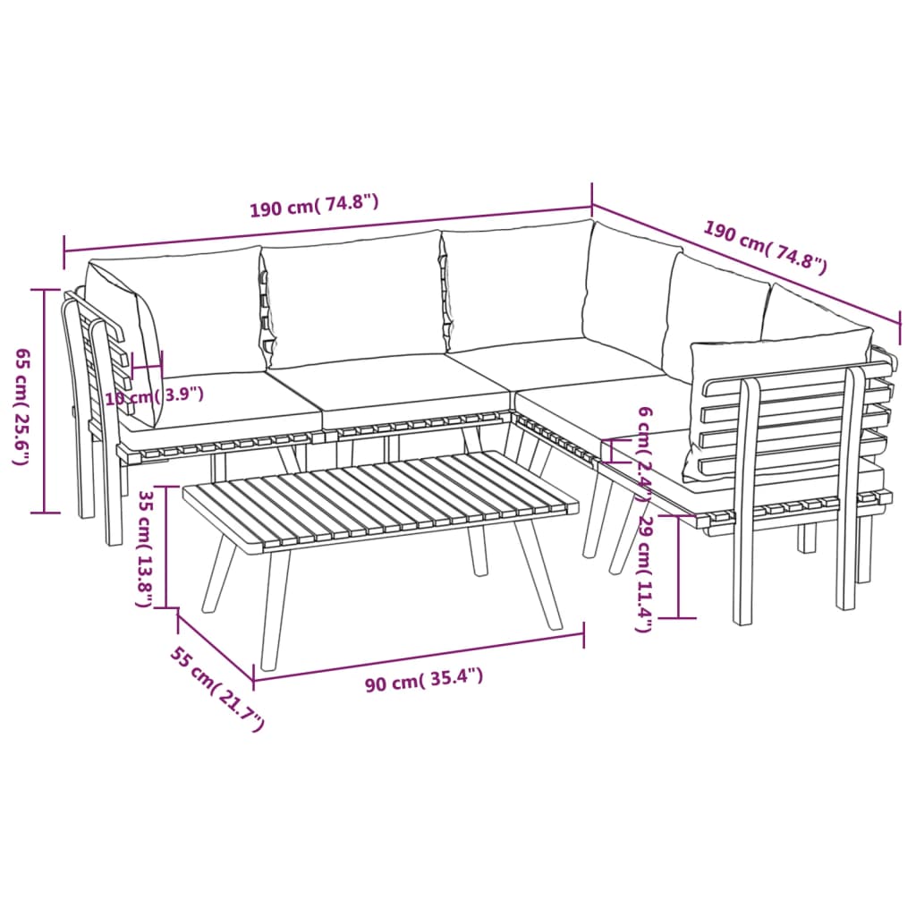 6-Delige Loungeset Met Kussens Massief Acaciahout 2x midden + 3x hoek + Tafel