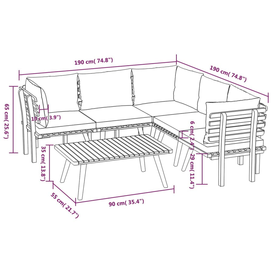 6-Delige Loungeset Met Kussens Massief Acaciahout 2x midden + 3x hoek + Tafel