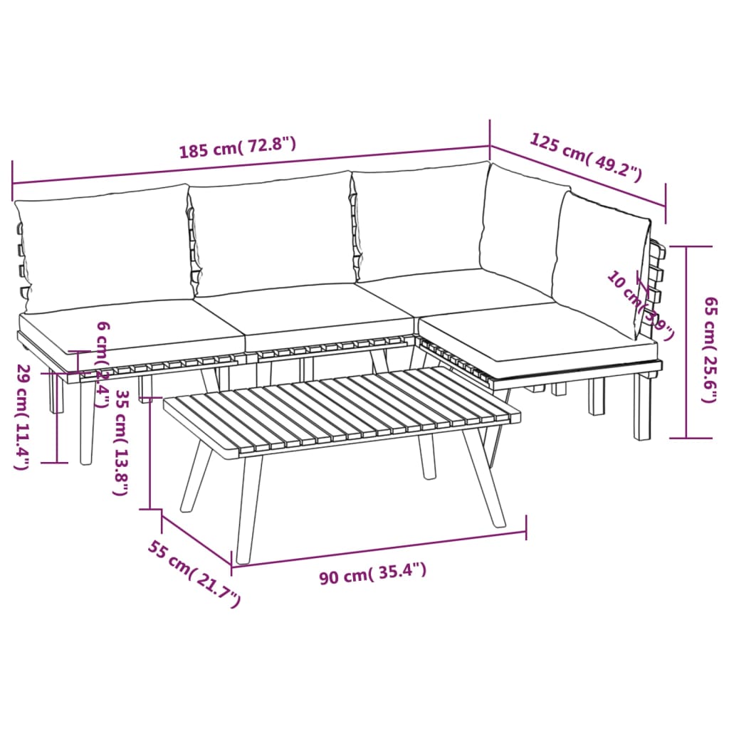 5-Delige Loungeset Met Kussens Massief Acaciahout hoek + 3x midden + Tafel