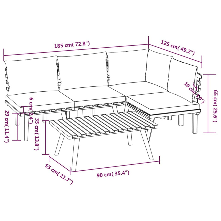 5-Delige Loungeset Met Kussens Massief Acaciahout hoek + 3x midden + Tafel
