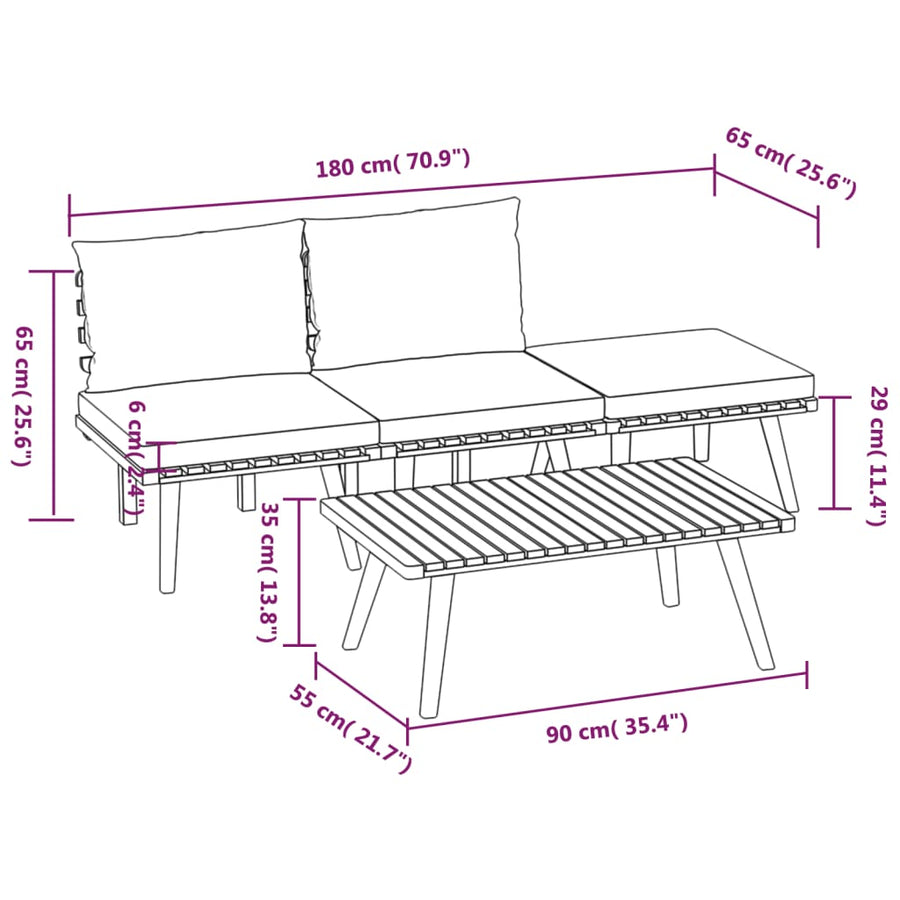 4-Delige Loungeset Met Kussens Massief Acaciahout 2x midden + voetensteun + Tafel