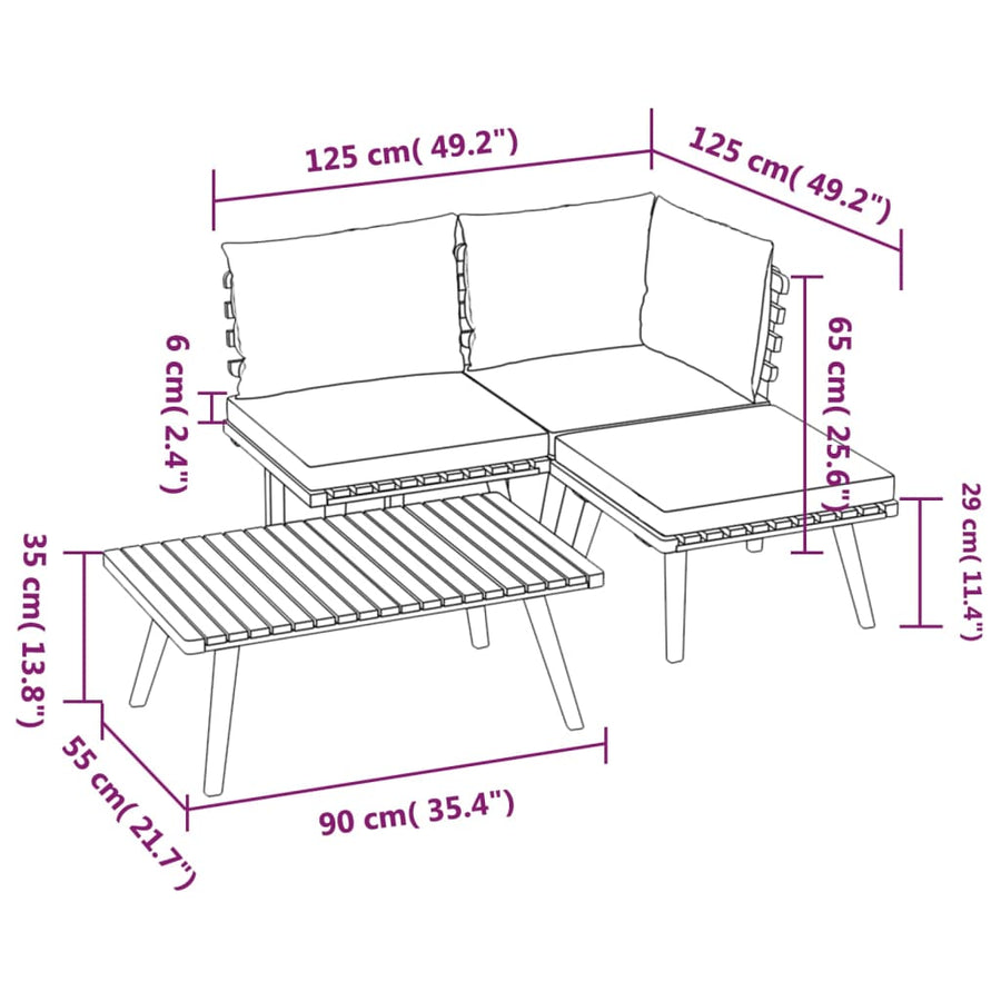 4-Delige Loungeset Met Kussens Massief Acaciahout midden + hoek + voetensteun + Tafel
