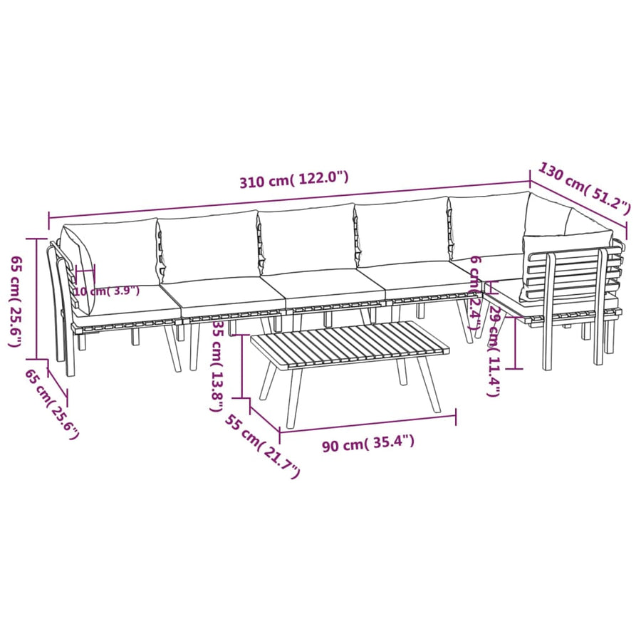 7-Delige Loungeset Met Kussens Massief Acaciahout 3x midden + 3x hoek + Tafel