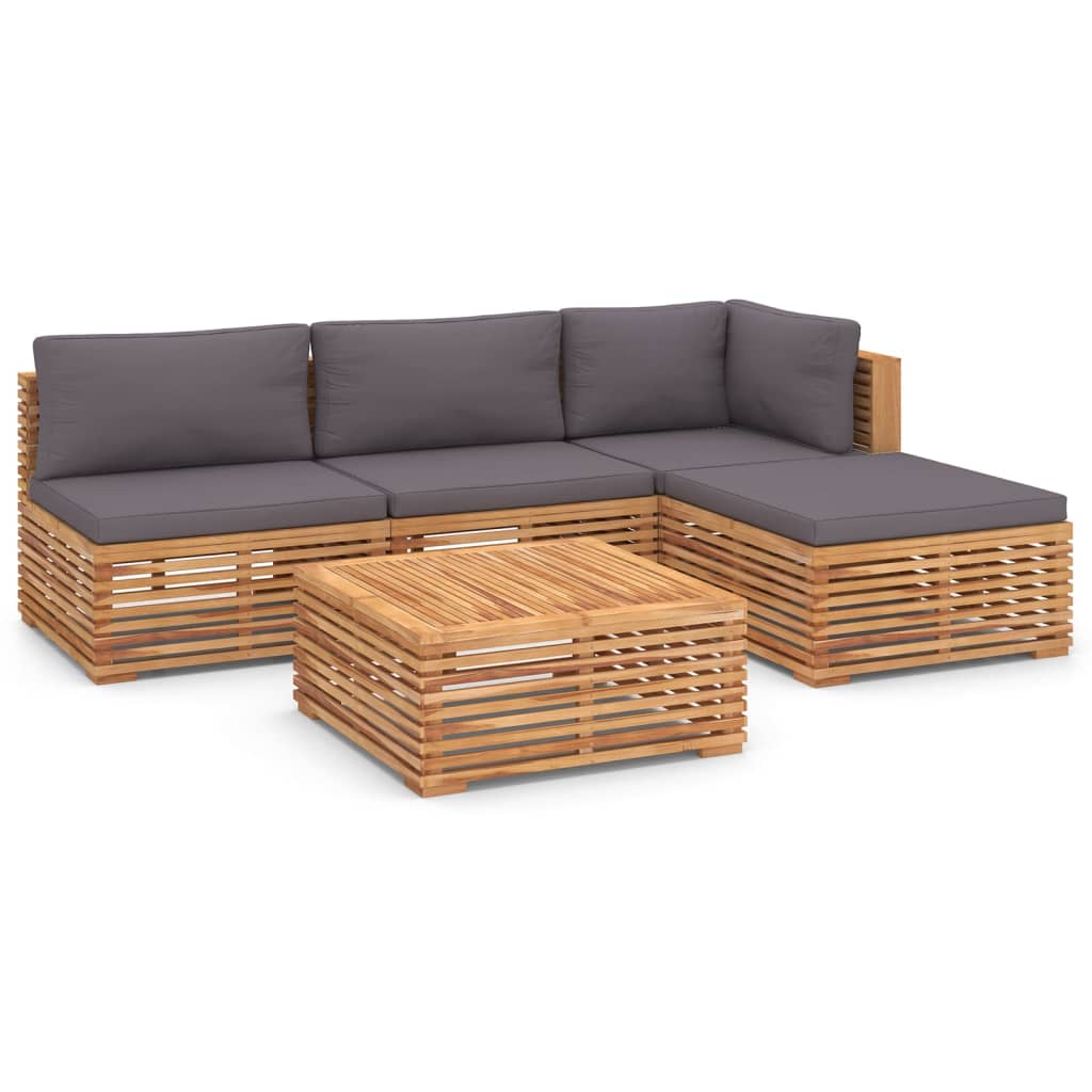 5-Delige Loungeset Met Donkergrijze Kussens Massief Teakhout Donkergrijs hoek + 2x midden + 2x voetensteun