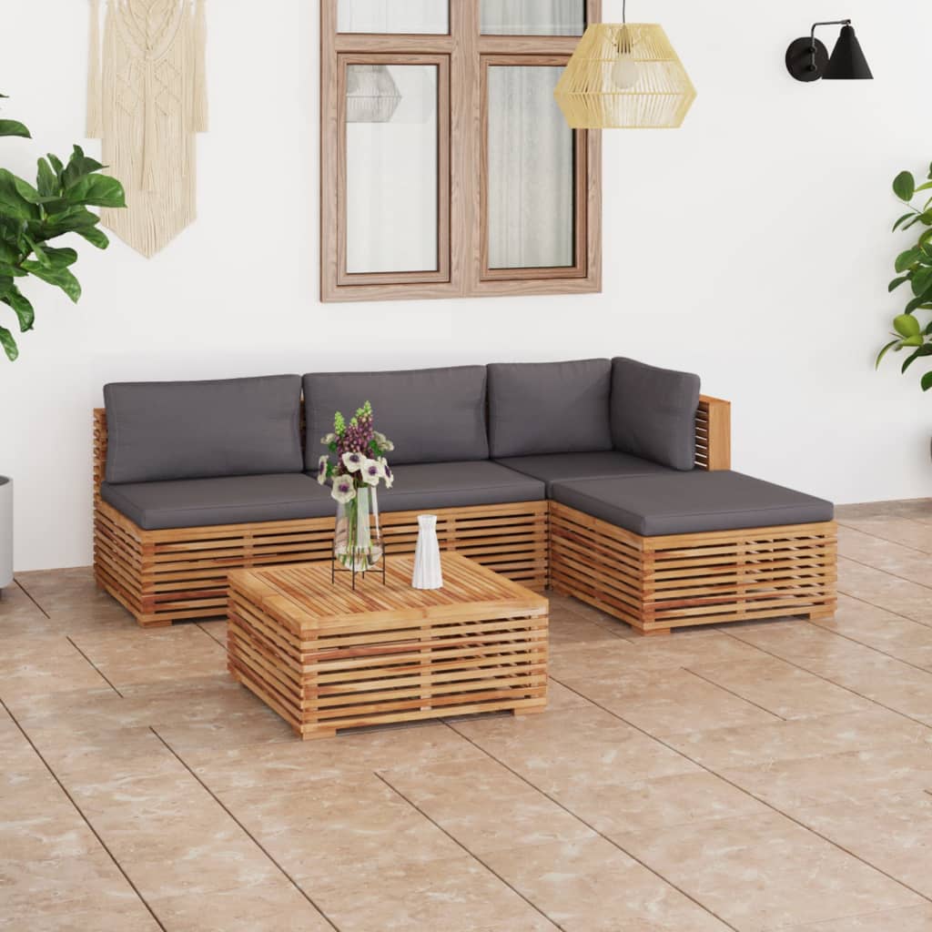 5-Delige Loungeset Met Donkergrijze Kussens Massief Teakhout Donkergrijs hoek + 2x midden + 2x voetensteun