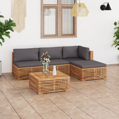 5-Delige Loungeset Met Donkergrijze Kussens Massief Teakhout Donkergrijs hoek + 2x midden + 2x voetensteun