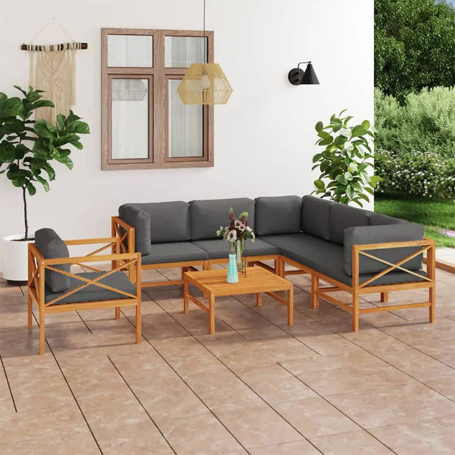 7-Delige Loungeset Met Grijze Kussens Massief Teakhout Grijs 3x hoek + 2x midden + Fauteuil + Tafel