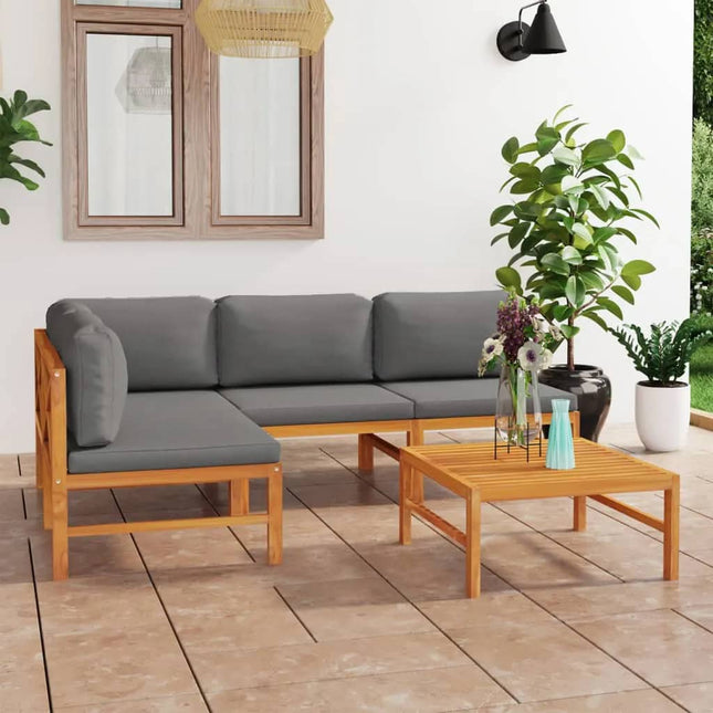 5-Delige Loungeset Met Grijze Kussens Massief Teakhout Grijs hoek + 3x midden + Tafel