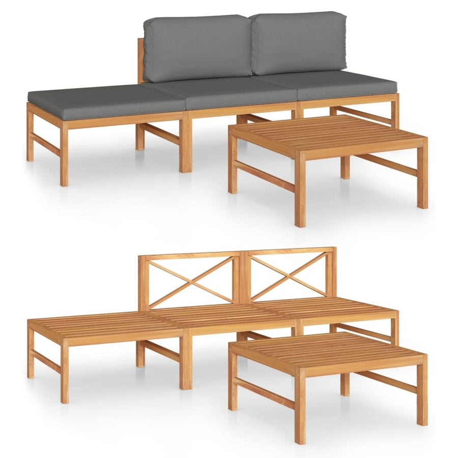 4-Delige Loungeset Met Grijze Kussens Massief Teakhout Grijs 2x midden + voetensteun + Tafel